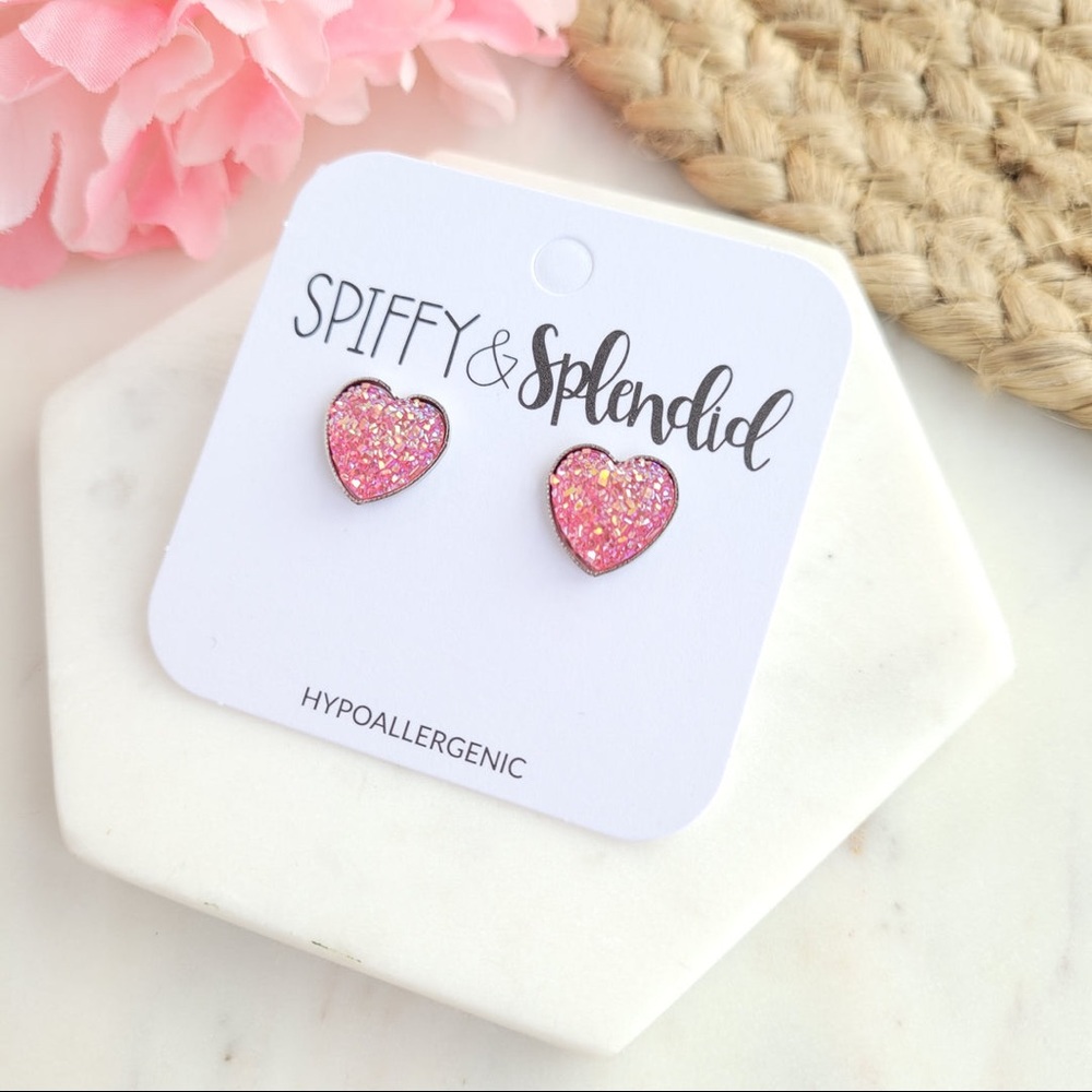 Druzy Pink Heart Stud Earrings